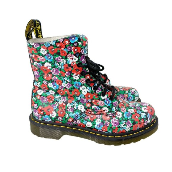 Dr. Martens Shoes - Dr Martens Pascal Womens Red Leather Floral Lace Up Combat Boots Size 8